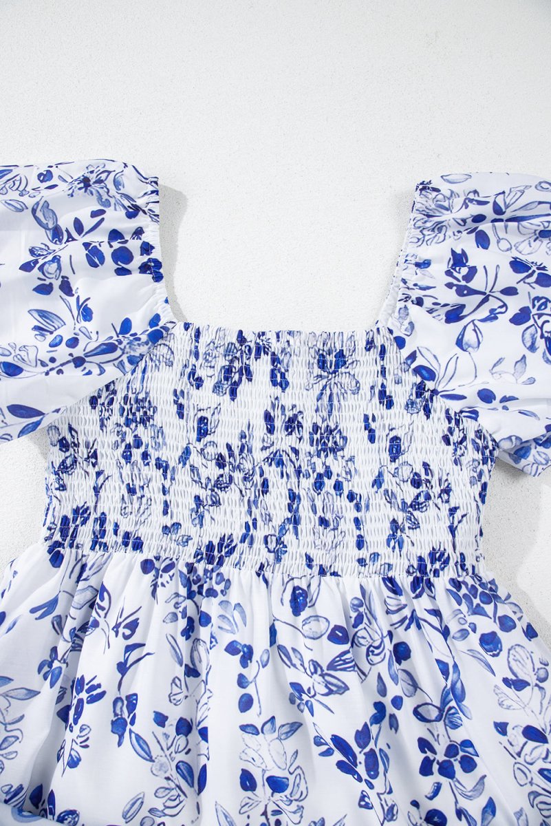 Sky Blue Floral Print Square Neck Bubble Sleeve Dress - Love Salve